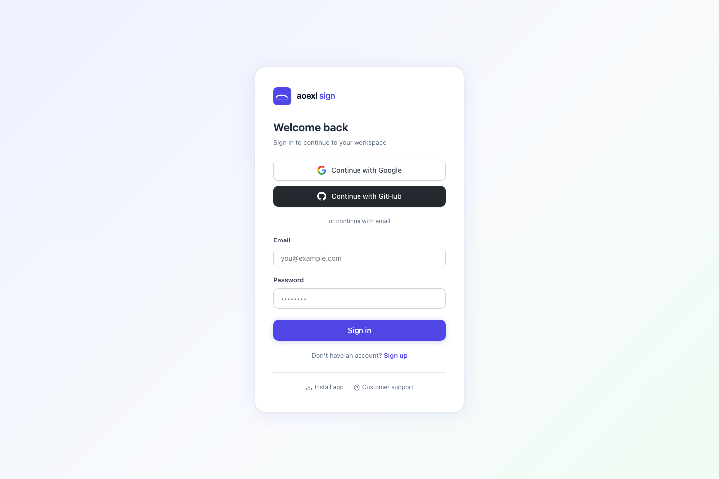 Aoexl app login screen